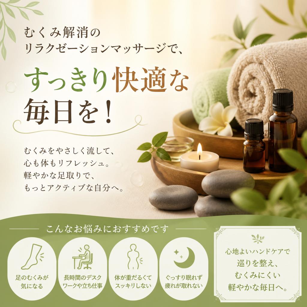 むくみ解消のリラクゼーションマッサージで、すっきり快適な毎日を！